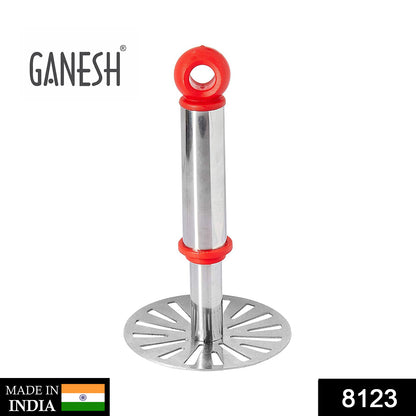 Wukusy Ganesh potato pav bhaji masher with plastic handle, silver oval design, perfect for mashing potatoes and bhaji in the kitchen.