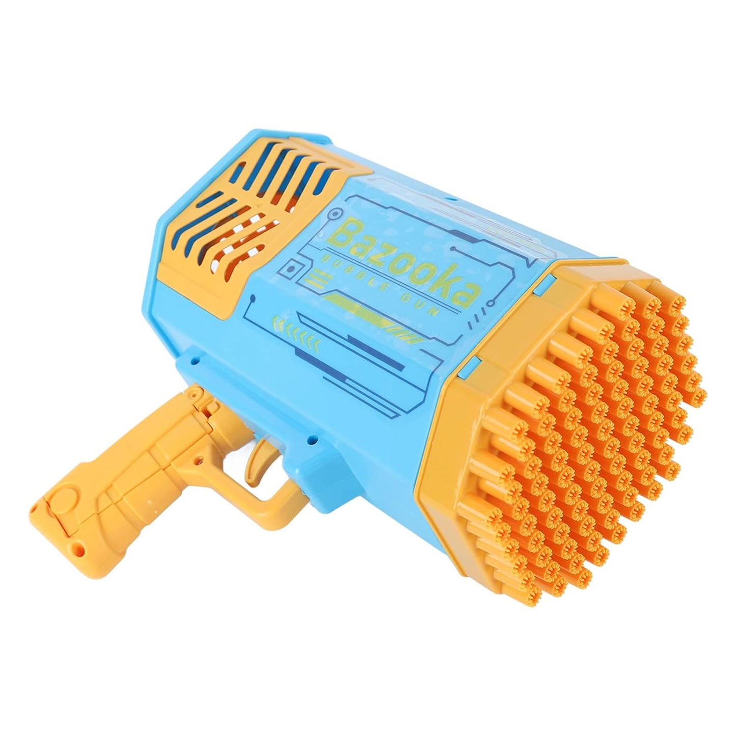 Wukusy 69 Holes big rechargeable bubble gun toy for kids and adults, featuring a large rocket design and creating colorful bubbles.