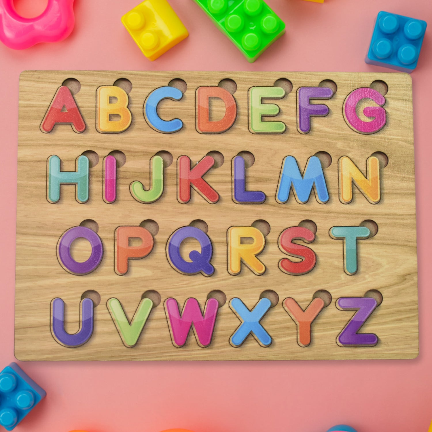 Wooden puzzle board with ABC letters and shapes by Wukusy, ideal for educational learning and developmental play.