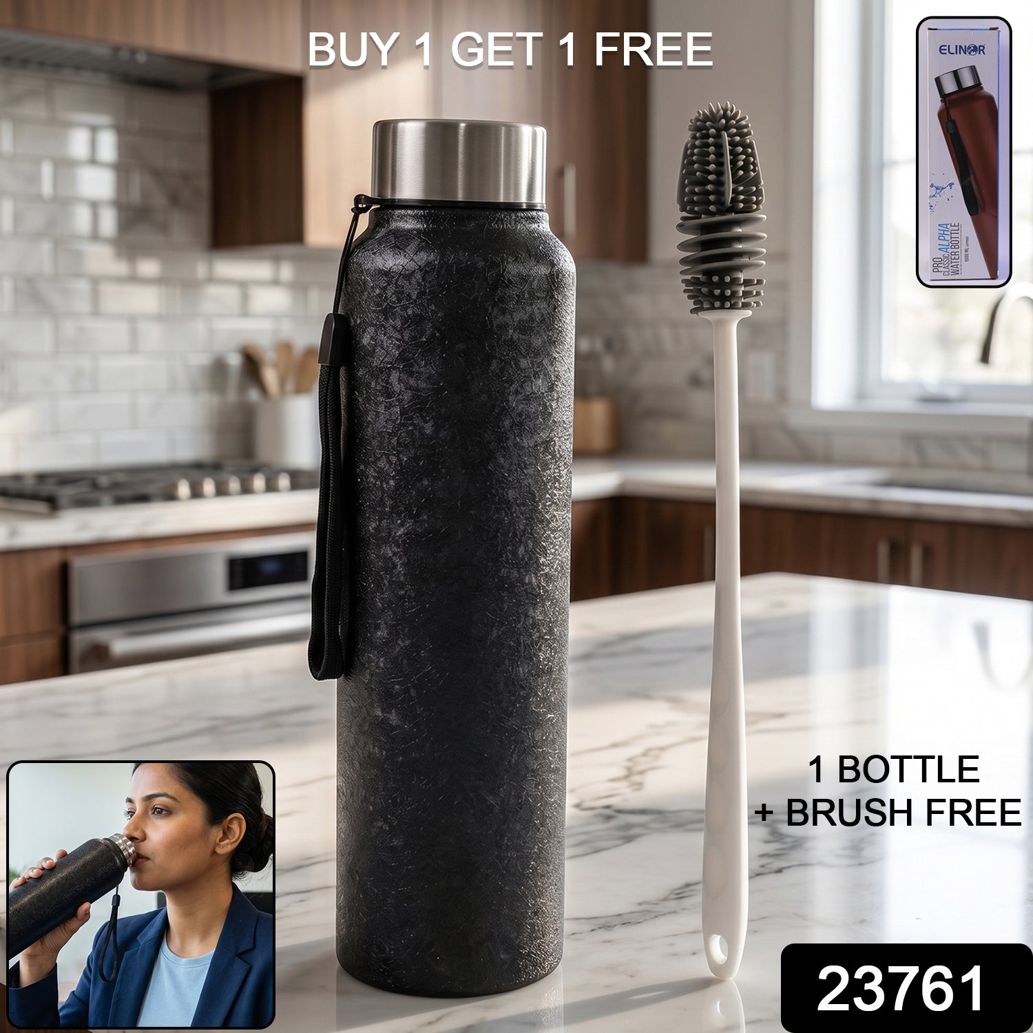 Stainless steel water bottle from Wukusy with a matching cleaning brush, set against a plain background.