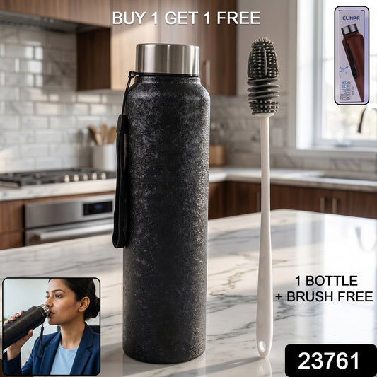 Stainless steel water bottle from Wukusy with a matching cleaning brush, set against a plain background.