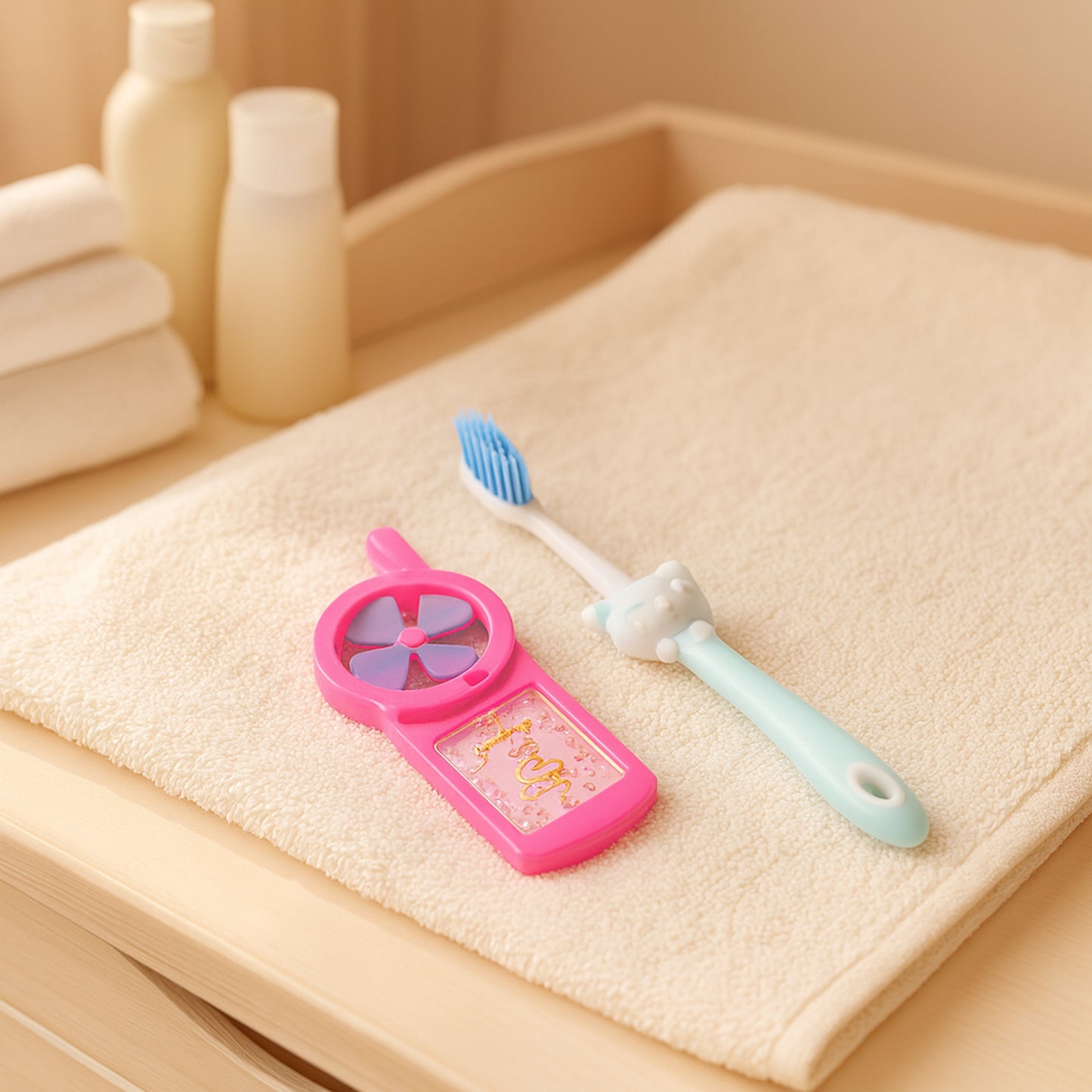 Wukusy kids toothbrush and fan toy set with colorful toothbrush and mini fan toy for children, playful and safe design.