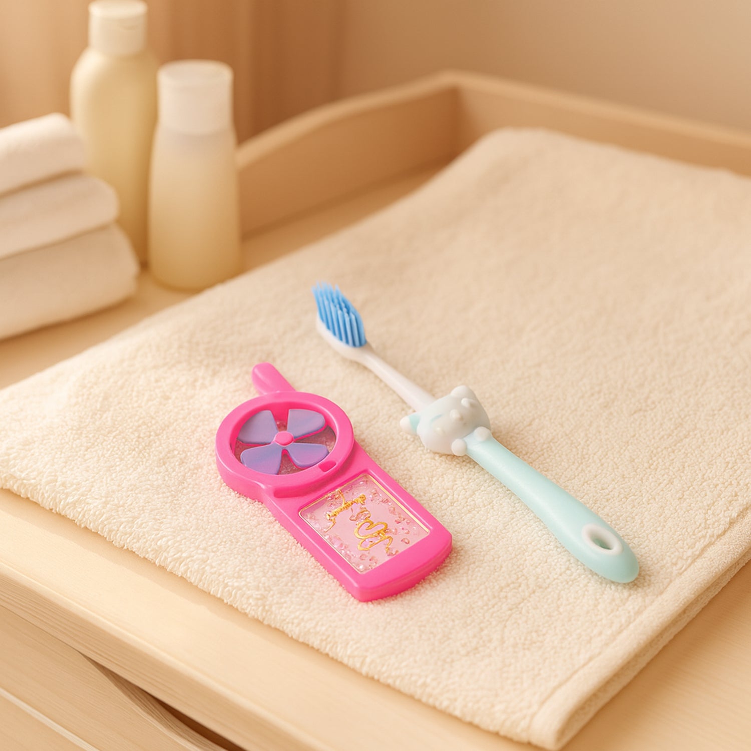 Wukusy kids toothbrush and fan toy set with colorful toothbrush and mini fan toy for children, playful and safe design.