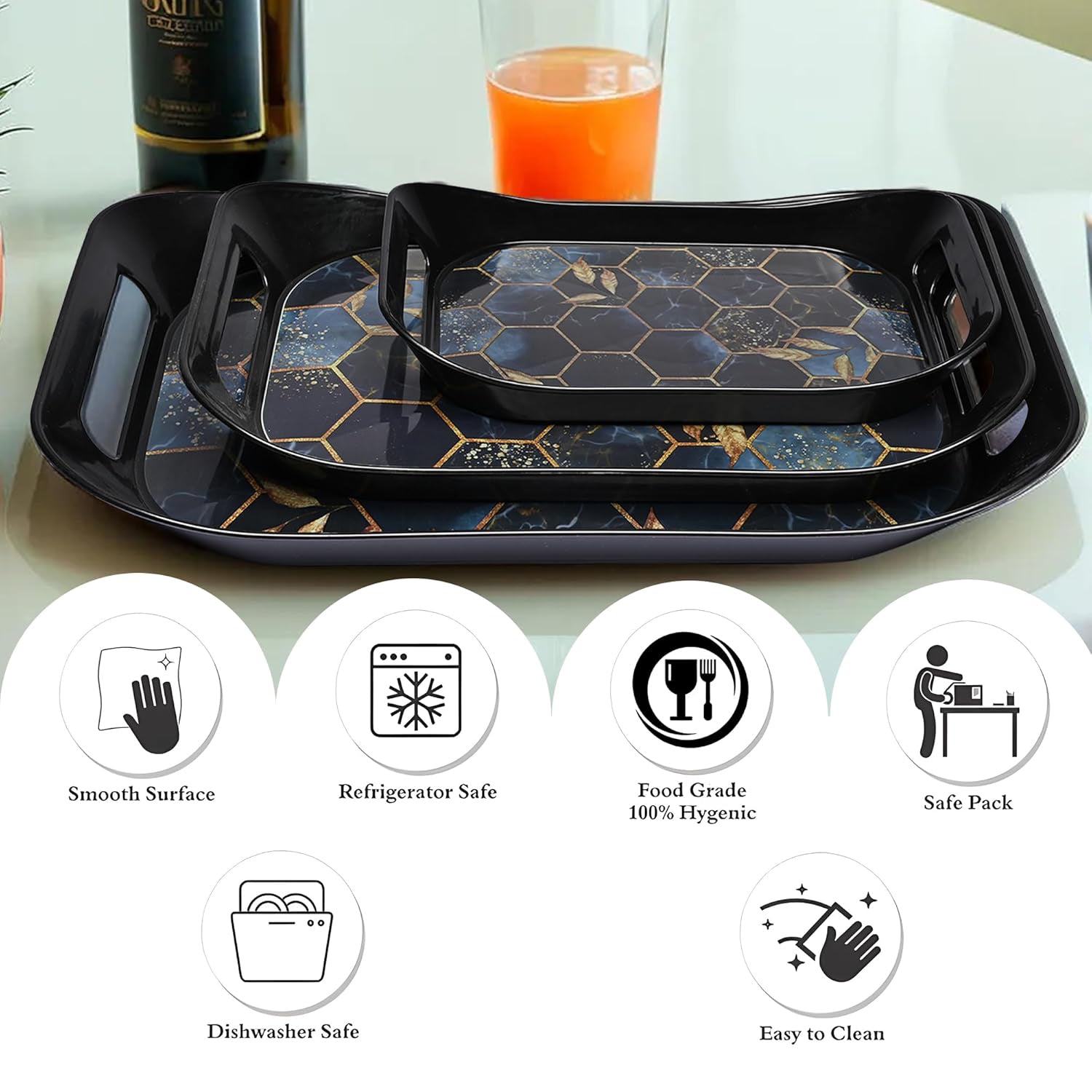Wukusy premium plastic serving tray set with three rectangular trays, ideal for serving food and beverages.