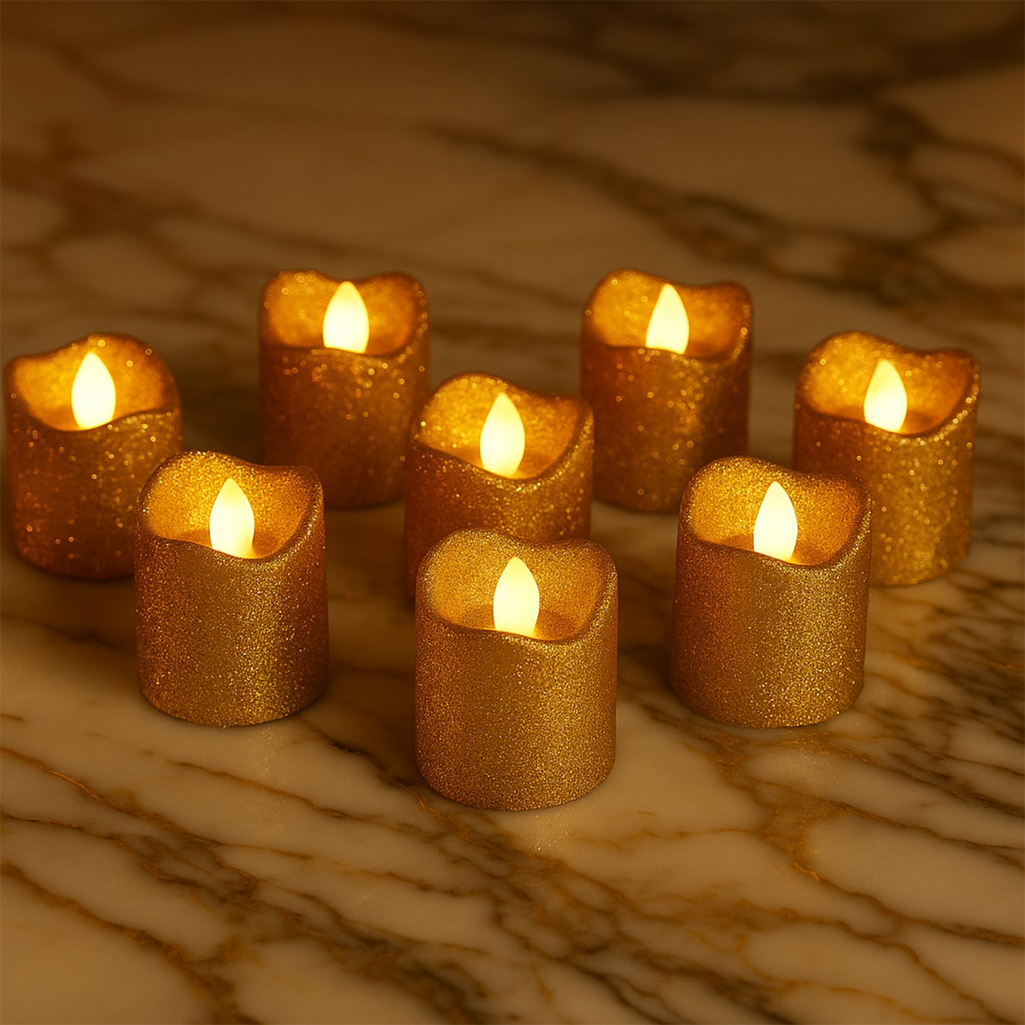 Set of 9 Wukusy Christmas glitter LED tealight candles for home decor, featuring festive glitter accents and warm flickering light.