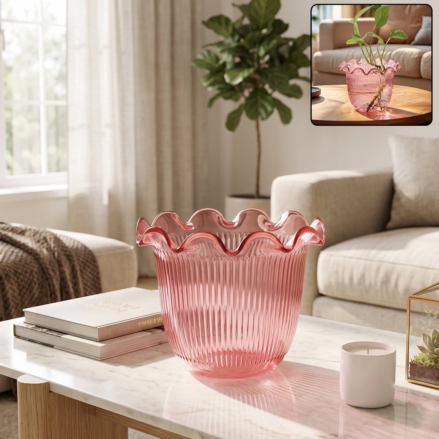 Wukusy decorative ruffled flower pot planter with floral design, ideal for home table or plant decor, single piece.
