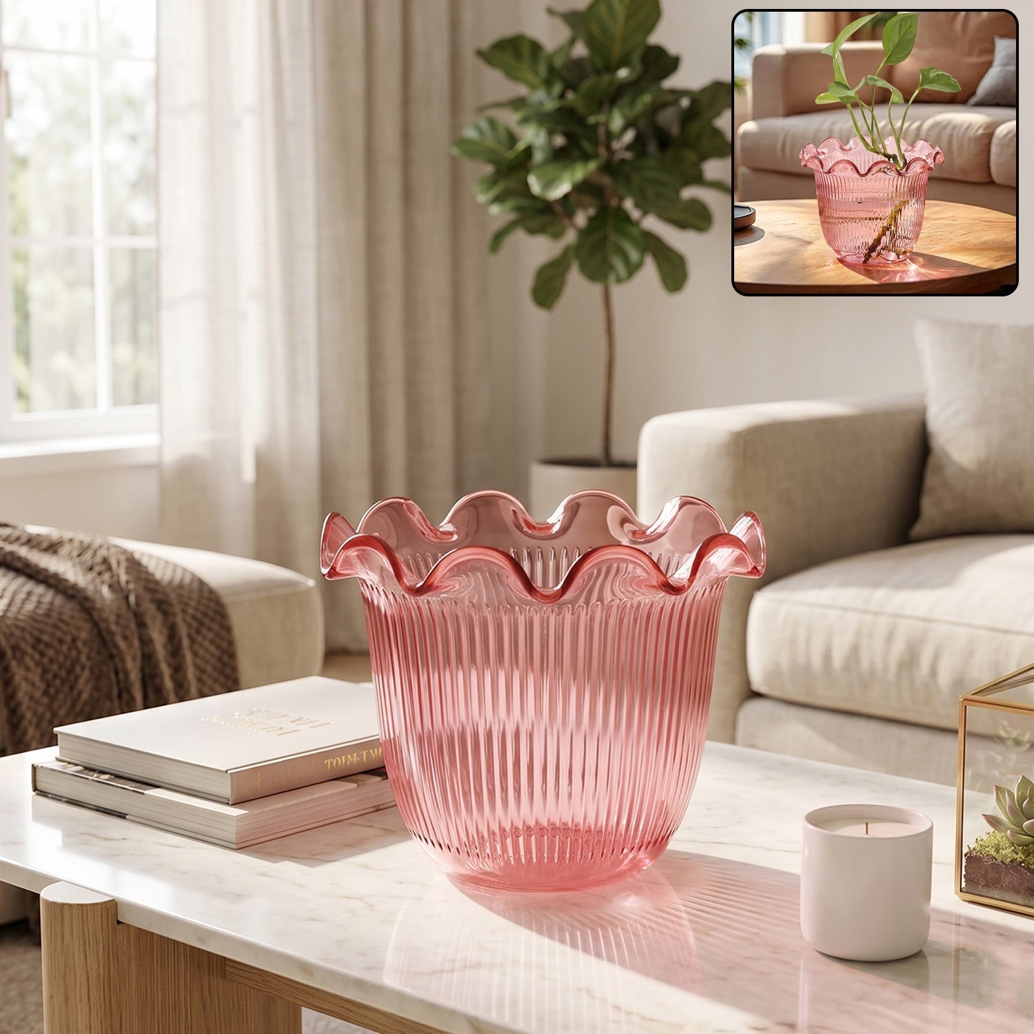 Wukusy decorative ruffled flower pot planter with floral design, ideal for home table or plant decor, single piece.