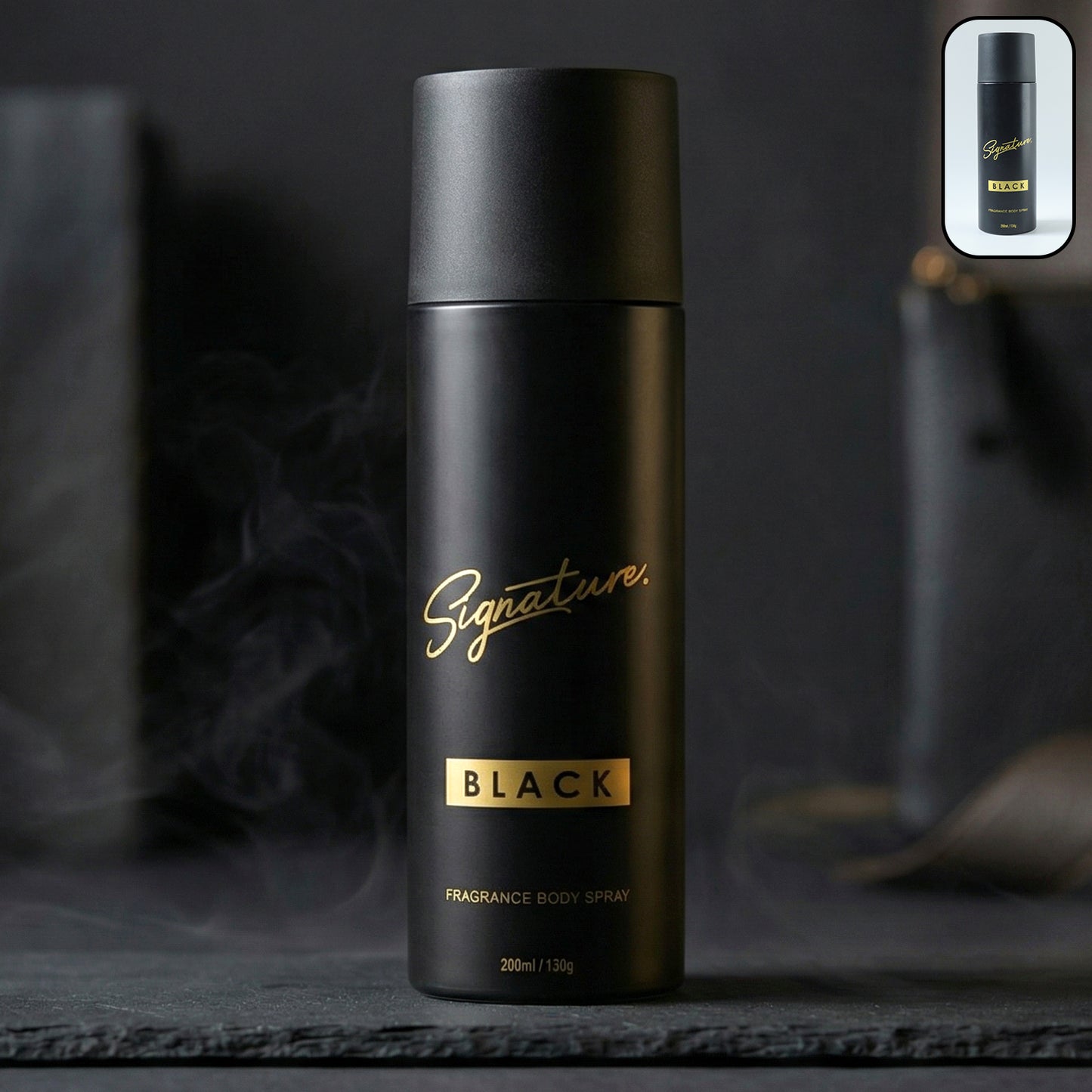 Wukusy Signature Premium Black Fragrance Body Spray 200ml bottle with sleek black design, ready for use.