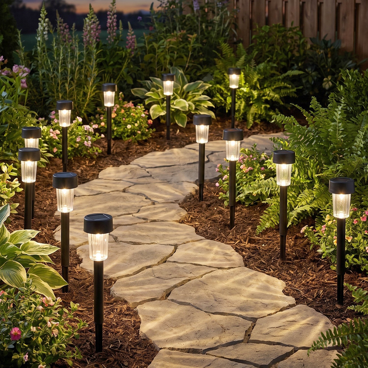 Set of 10 Wukusy solar pathway lights with waterproof outdoor garden stake design and LED illumination for pathway lighting.