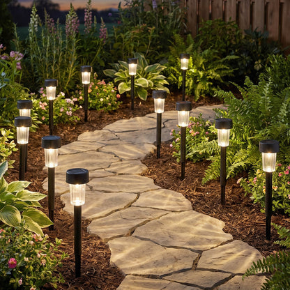 Set of 10 Wukusy solar pathway lights with waterproof outdoor garden stake design and LED illumination for pathway lighting.