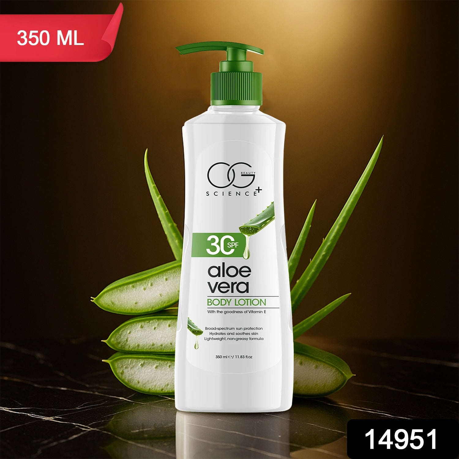 Wukusy Og Beauty Science Aloe Vera Body Lotion bottle, 350ml, with fresh aloe vera plant in the background, health and beauty product