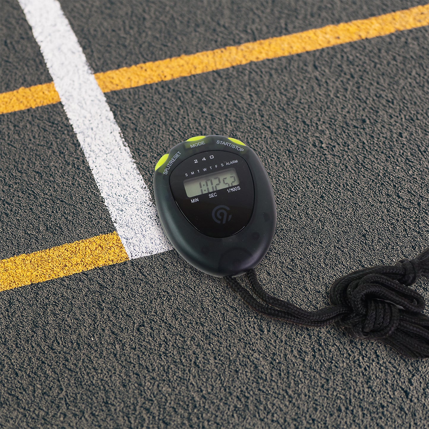 Wukusy digital sports stopwatch timer with split timing display, showing a sleek black device with multiple buttons and a digital screen.