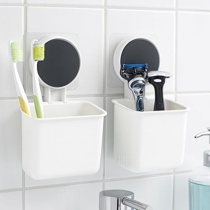 Two Wukusy wall-mounted plastic toothbrush holders with adhesive backing, each with slots for toothbrushes and a small storage compartment.