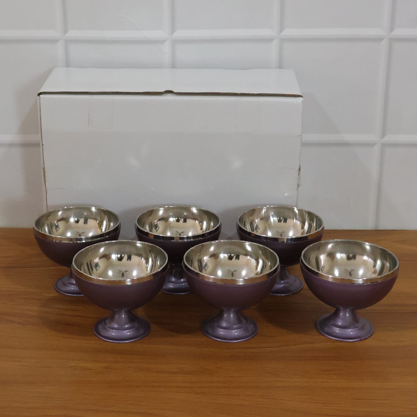 Six stainless steel dessert bowls with stand, set by Wukusy, featuring sleek, durable cups ideal for serving desserts and snacks.