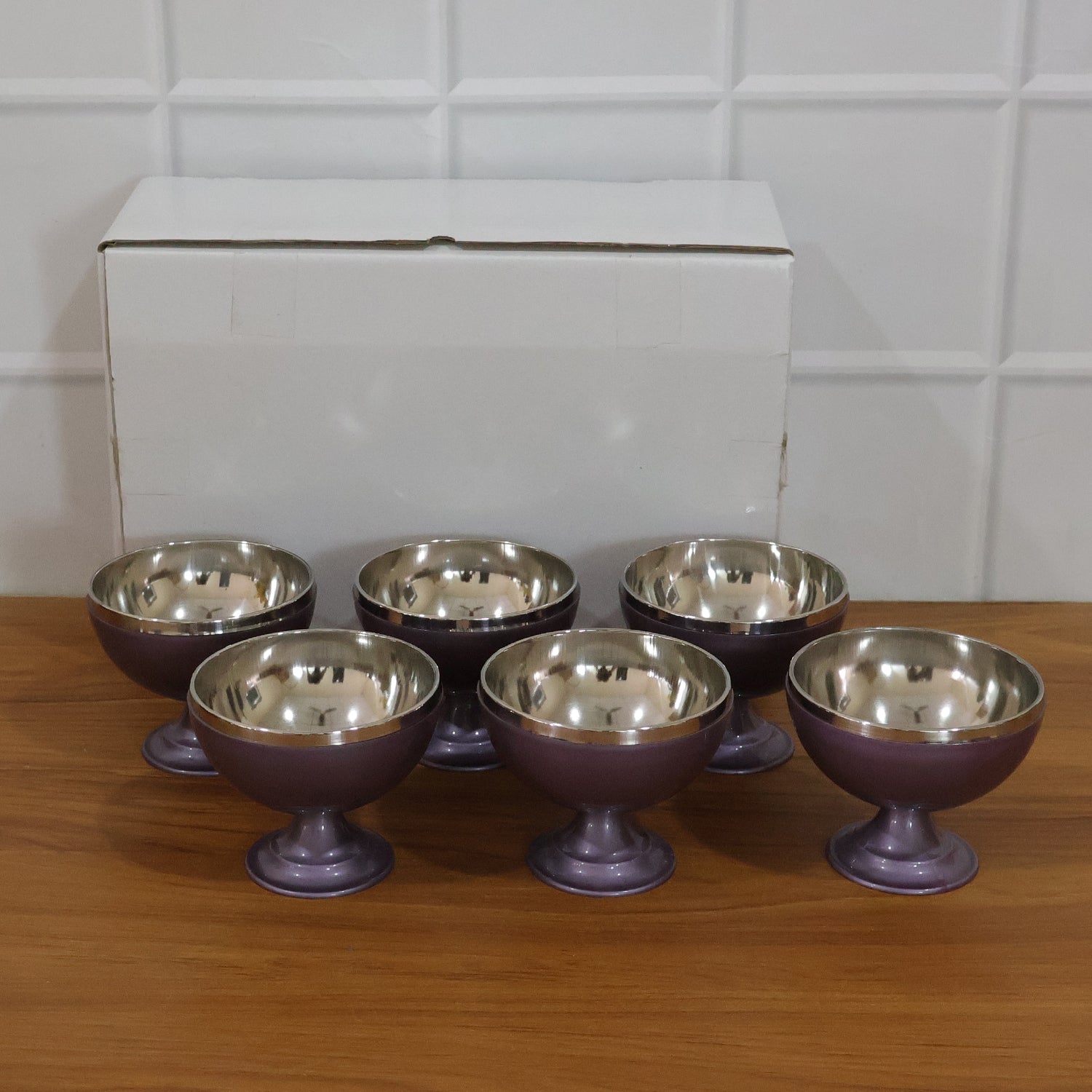 Six stainless steel dessert bowls with stand, set by Wukusy, featuring sleek, durable cups ideal for serving desserts and snacks.