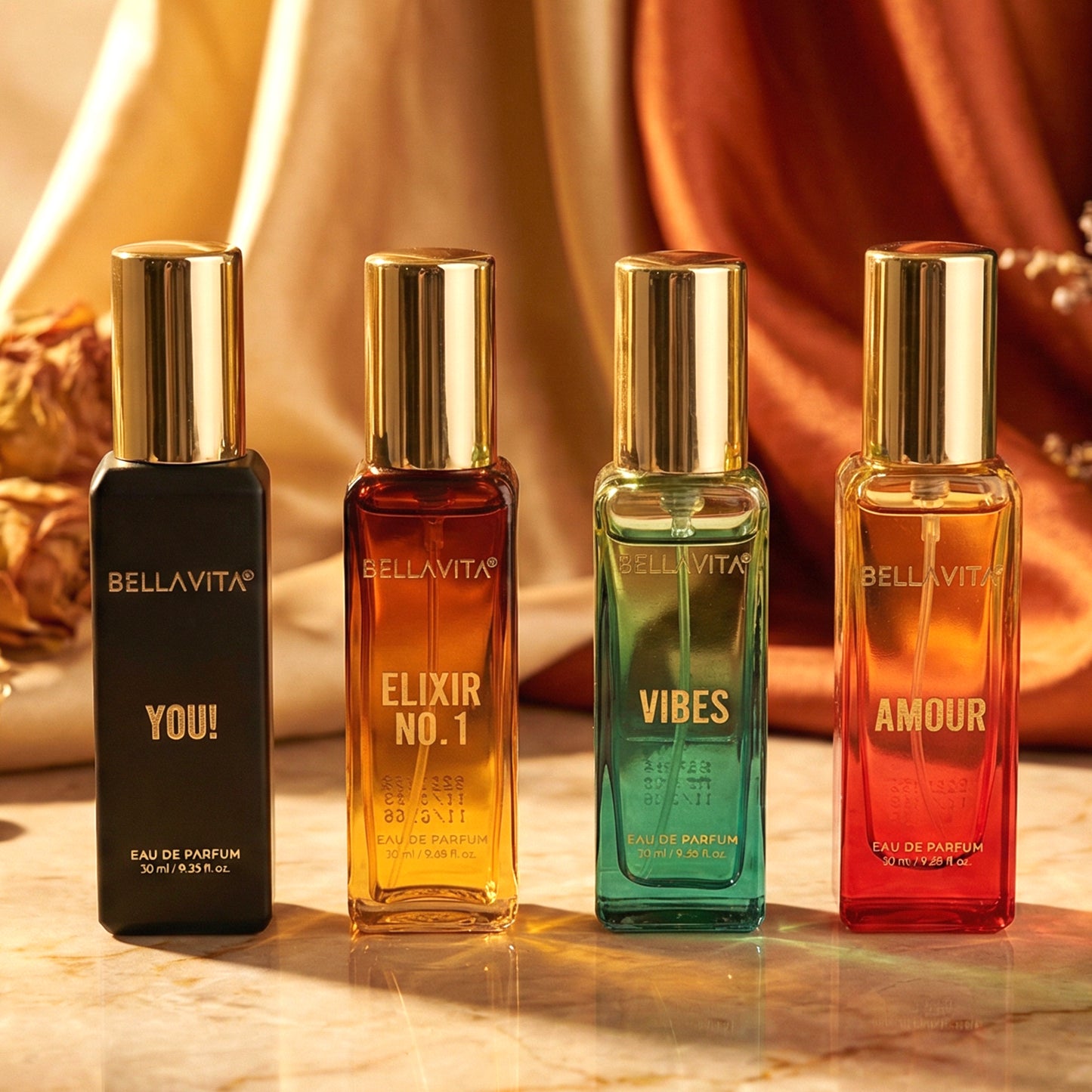 Wukusy Bellavita Premium All Star Perfume Gift Set with four 20ml bottles arranged in elegant packaging