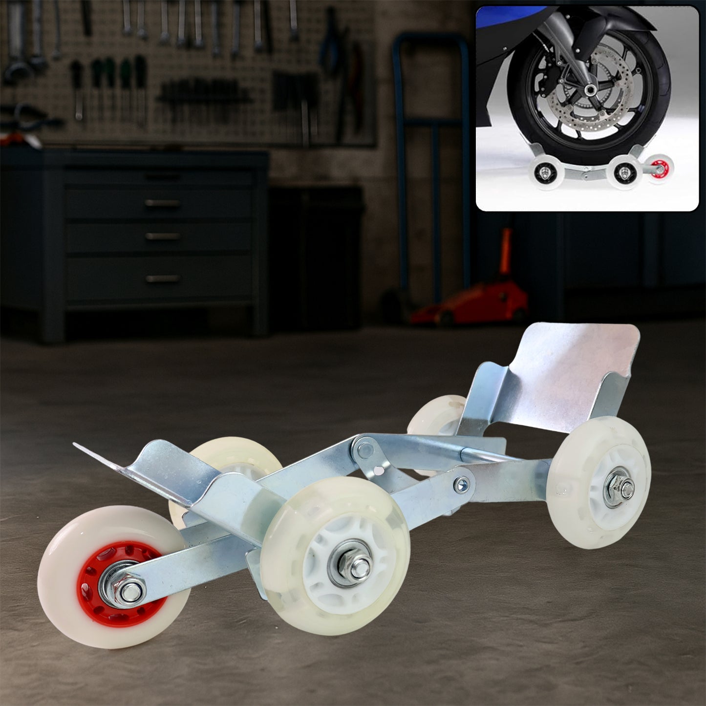 Wukusy heavy-duty motorcycle front wheel parking roller stand, automotive equipment for secure wheel support and stability.