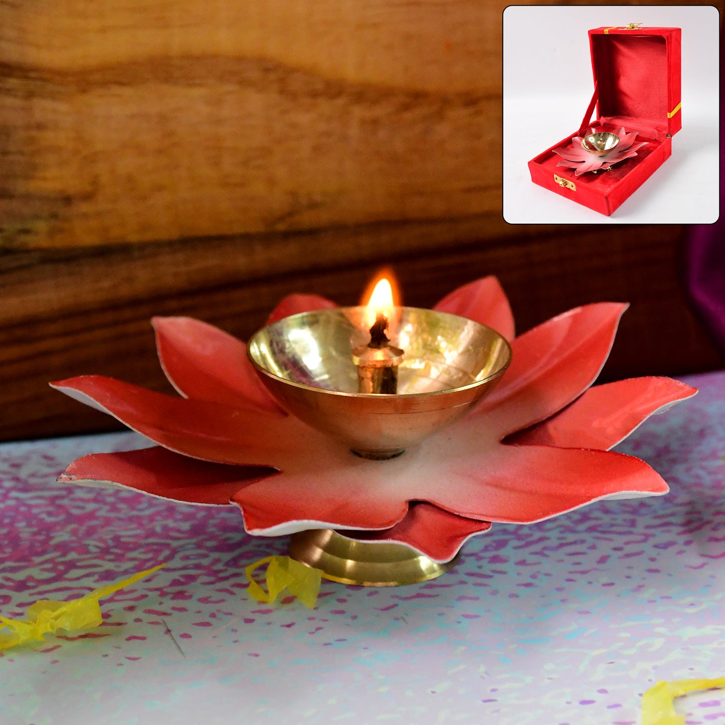 Brass lotus-shaped oil diya for home decor, featuring intricate design and a small wick holder, crafted by Wukusy.