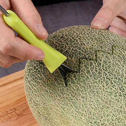 Wukusy 4-in-1 stainless steel melon baller and seed remover with double-sided scooper for fruit and dessert decoration.