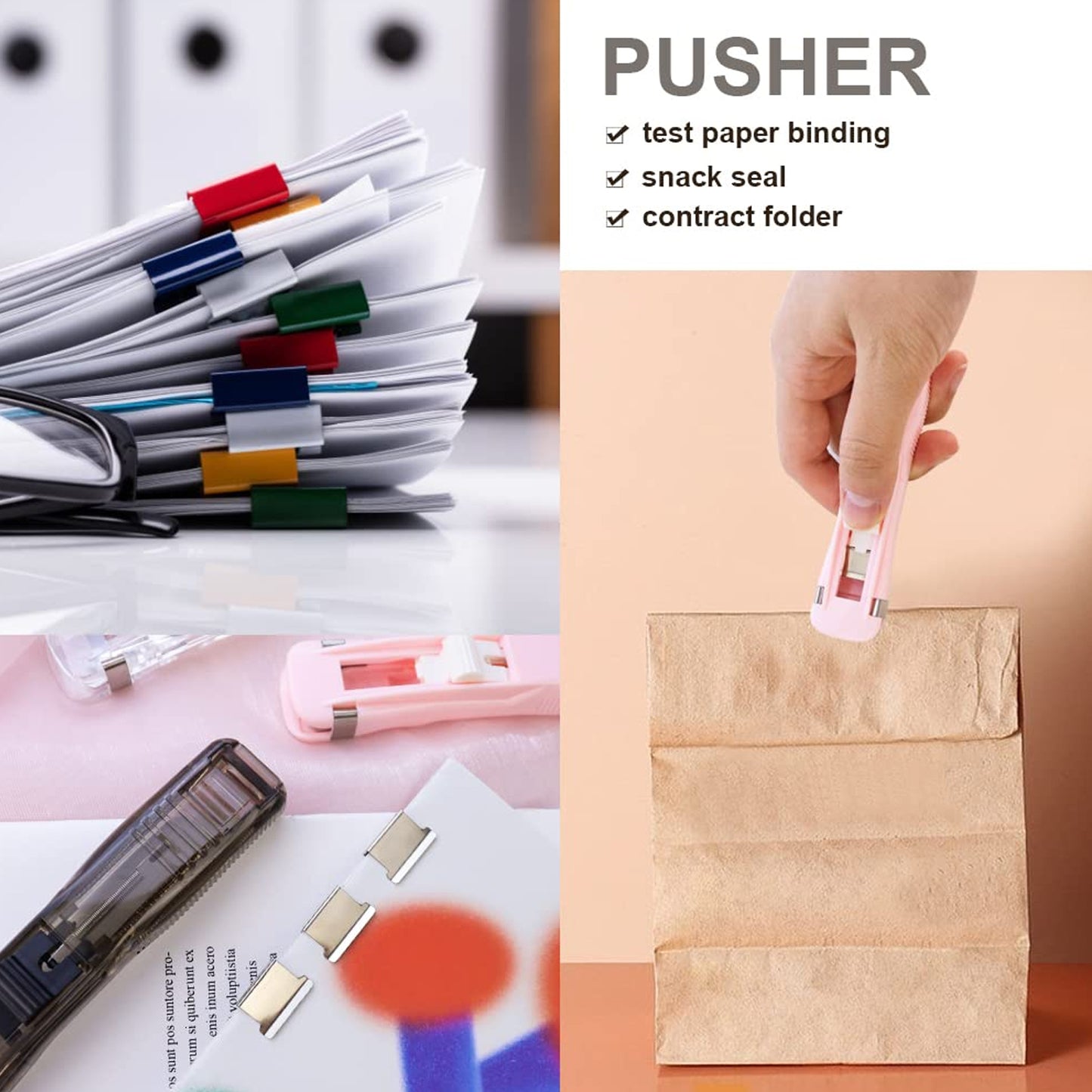 Portable Wukusy paper clamp set with 8 handheld clip dispensers for office use, designed for quick paper fastening.