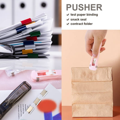 Portable Wukusy paper clamp set with 8 handheld clip dispensers for office use, designed for quick paper fastening.