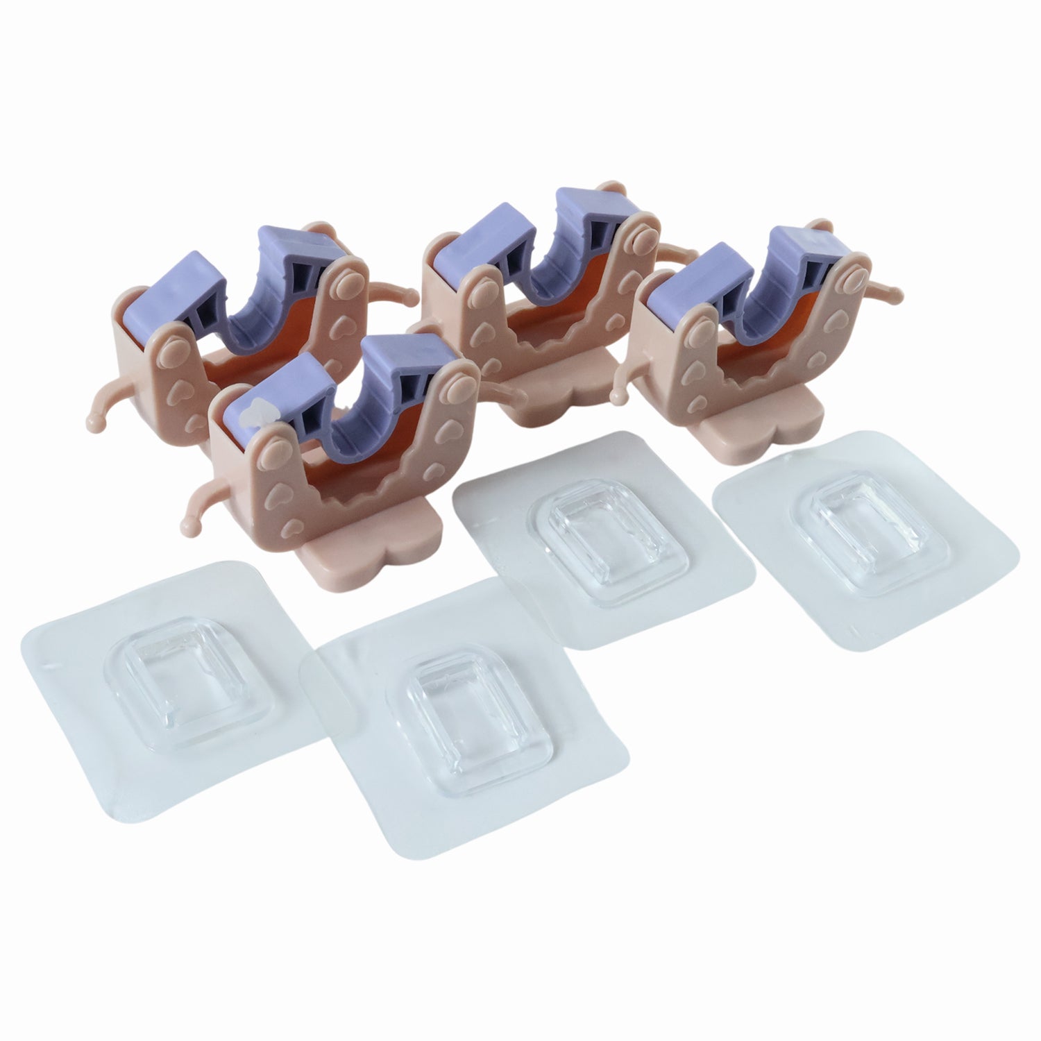 Wall-mounted broom and mop holder clips set by Wukusy, showing four durable plastic clips for organizing cleaning tools.