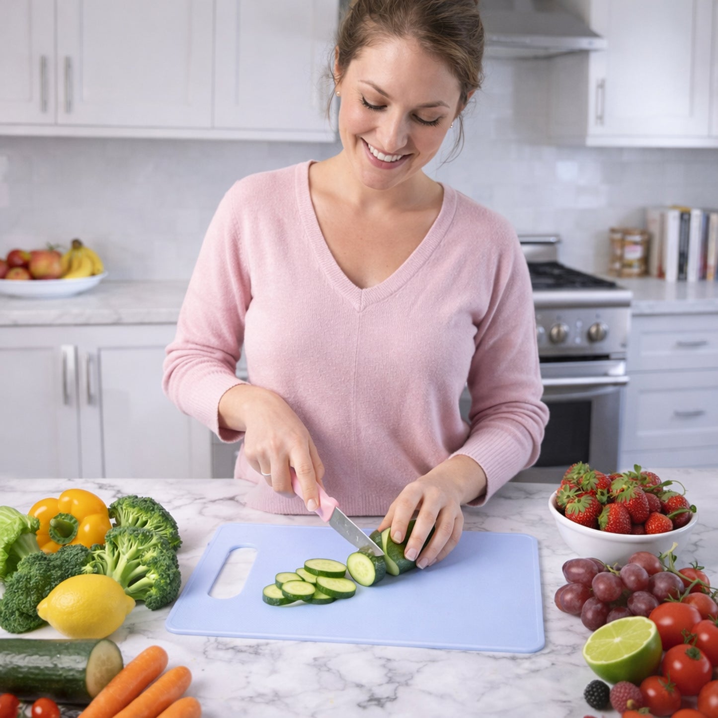 Wukusy 3-in-1 multipurpose kitchen cutting board set with separate sections for fruits and vegetables, made of durable material.