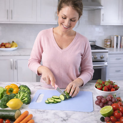 Wukusy 3-in-1 multipurpose kitchen cutting board set with separate sections for fruits and vegetables, made of durable material.