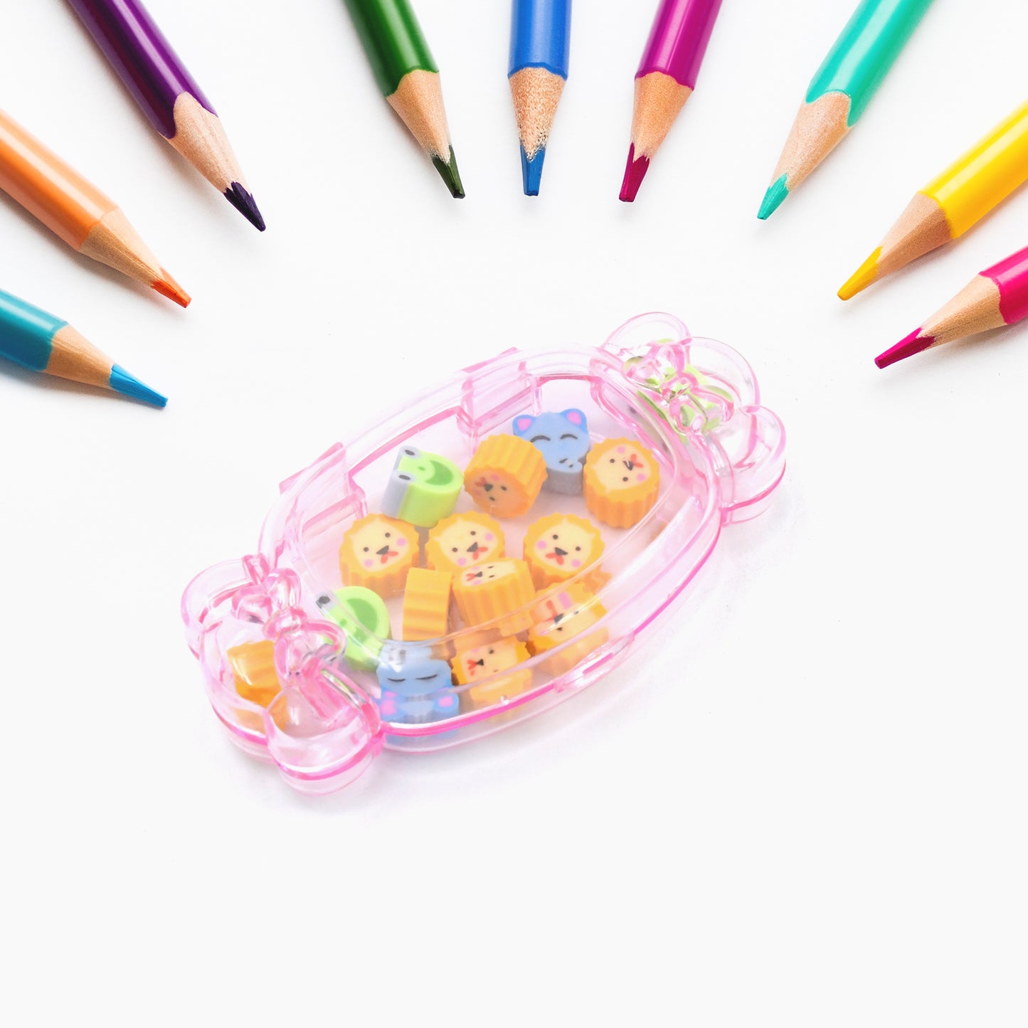 Wukusy 15-piece cute school eraser set with colorful rubber erasers in various designs, ideal for pencil cleaning and stationery.