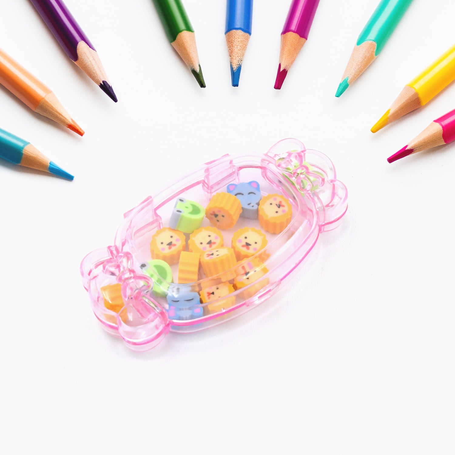 Wukusy 15-piece cute school eraser set with colorful rubber erasers in various designs, ideal for pencil cleaning and stationery.