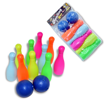 Wukusy 8011 Prime Quality Kids Bowling Game Set with colorful pins and ball on a wooden lane for children’s indoor play.