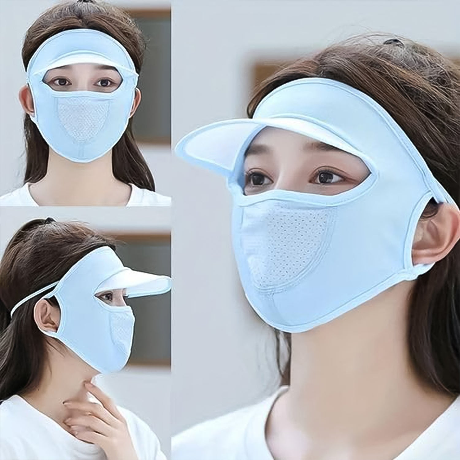 Wukusy women's full face UV protection cap with built-in mask, wide brim visor, and breathable fabric for outdoor sun protection.