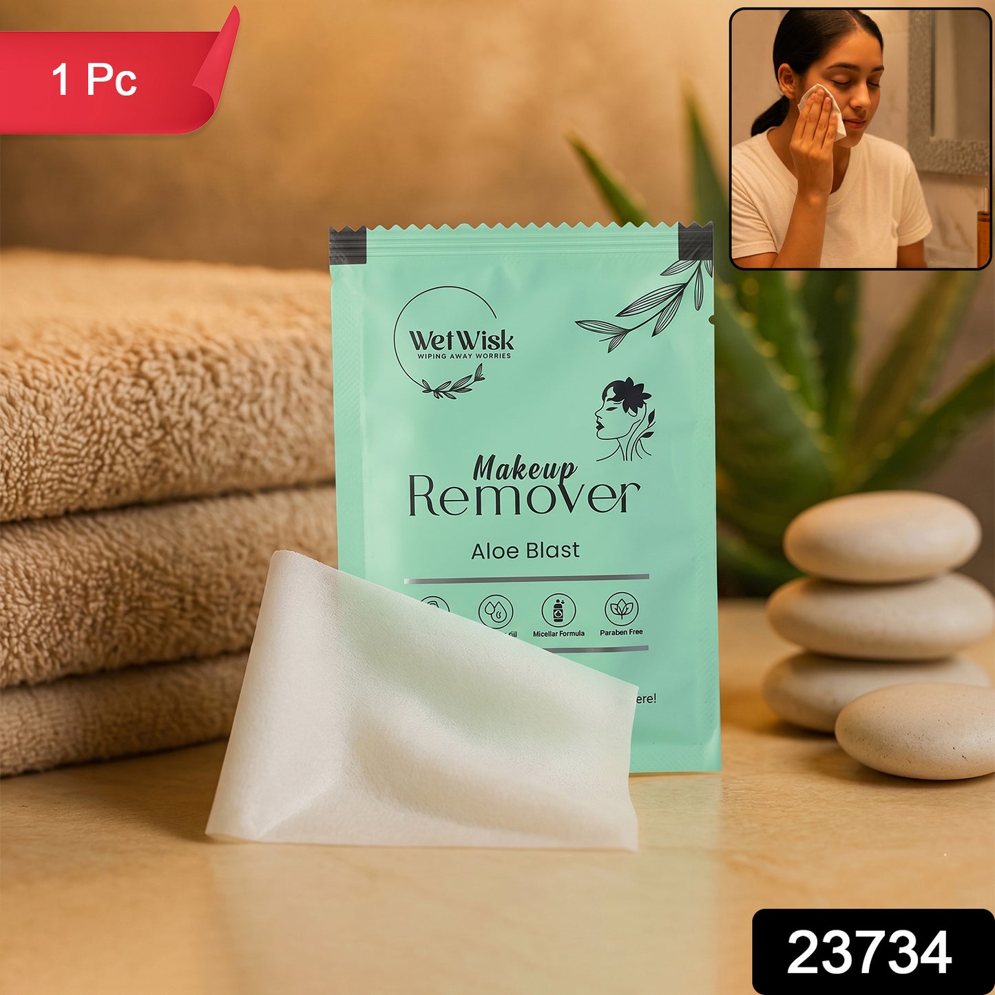 Wukusy makeup remover wet wipe for facial cleansing, showing a single moist wipe with soft texture and packaging.