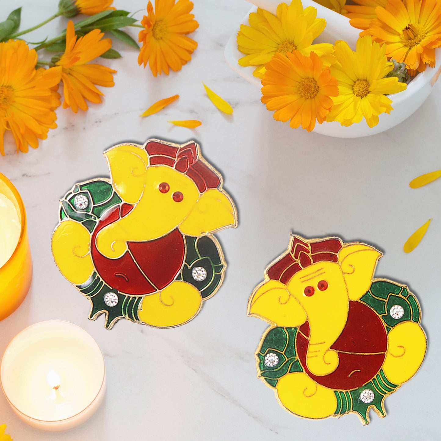 Two decorative Lord Ganesha wall hanging stickers for home decor, featuring colorful Ganesha images on a wall.
