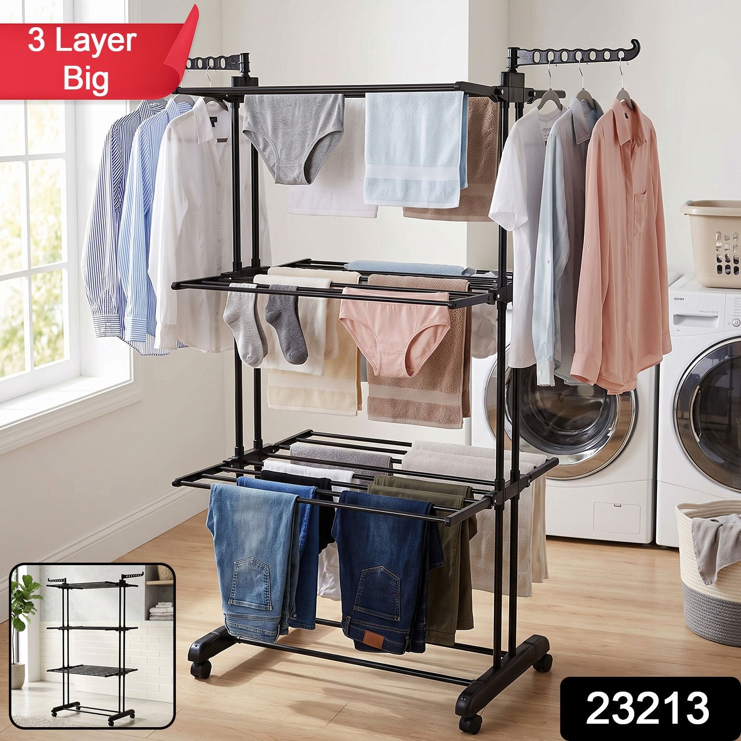 Wukusy metal expandable garment rack with 3 layers and wheels, used for drying and organizing clothes.