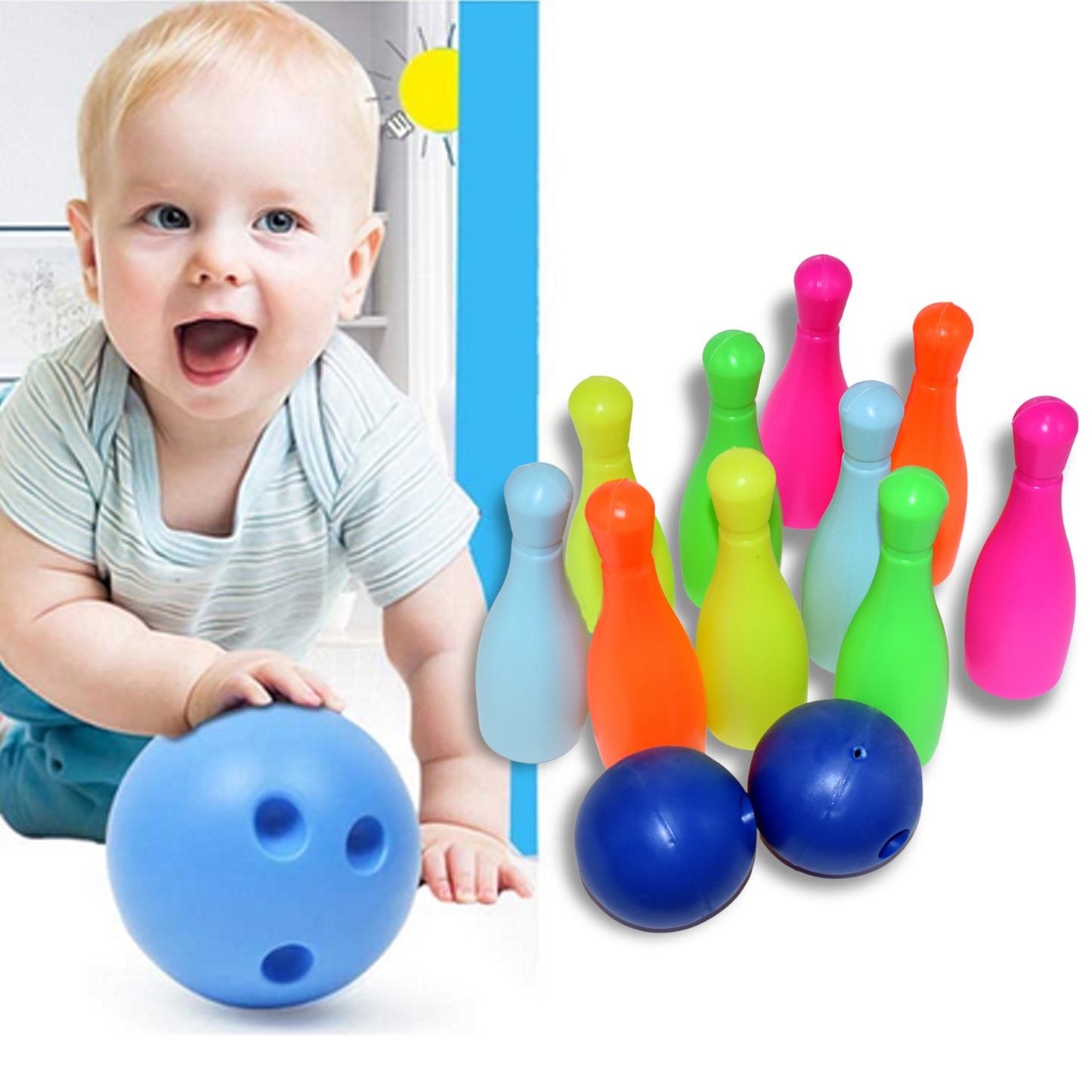 Wukusy 8011 Prime Quality Bowling Game Set for Kids with colorful pins and bowling ball on a wooden floor.