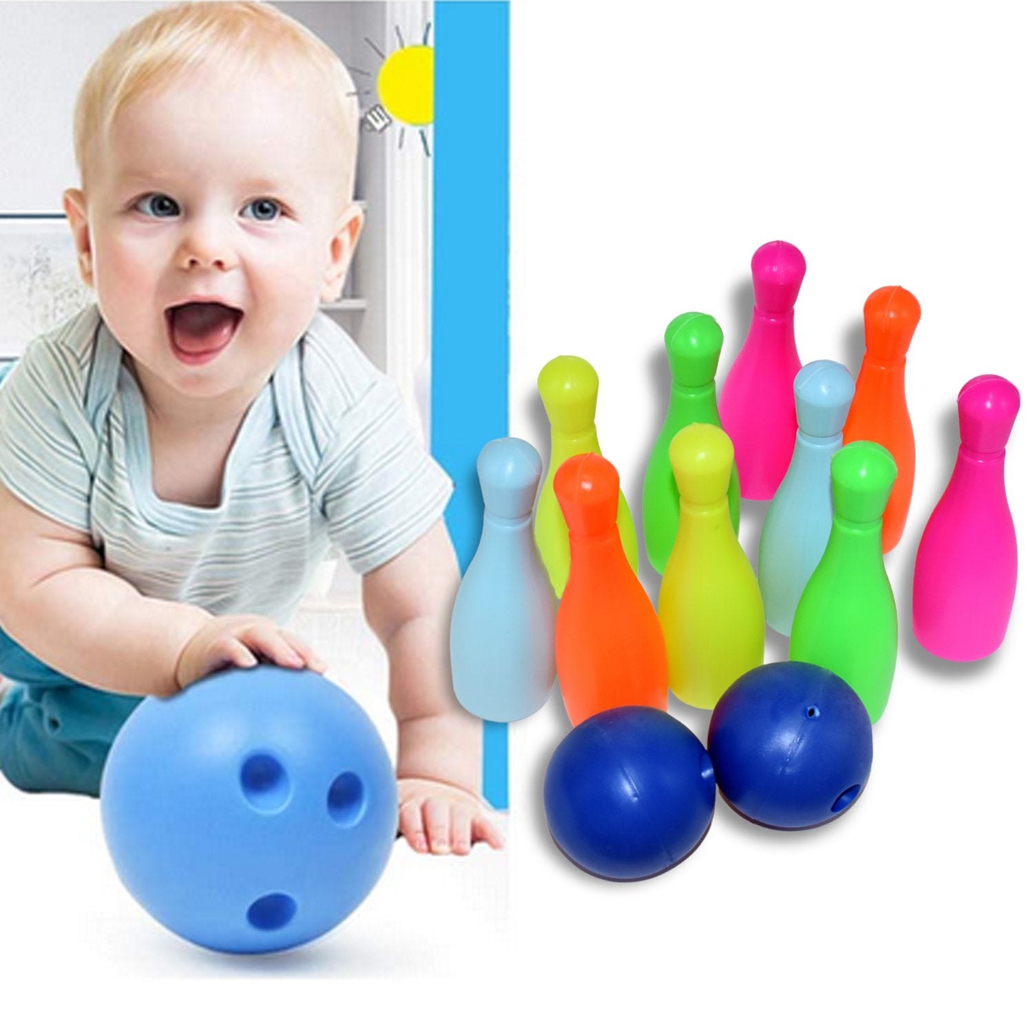 Wukusy 8011 Prime Quality Bowling Game Set for Kids with colorful pins and bowling ball on a wooden floor.