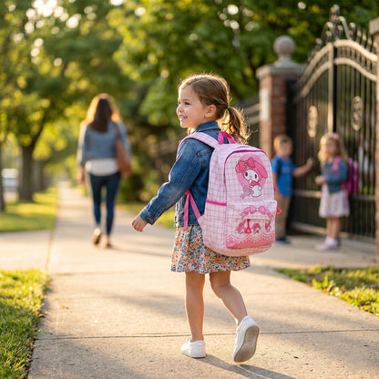 Wukusy 13-inch backpack featuring a cute bow and bunny design, with colorful details and adjustable straps for kids.