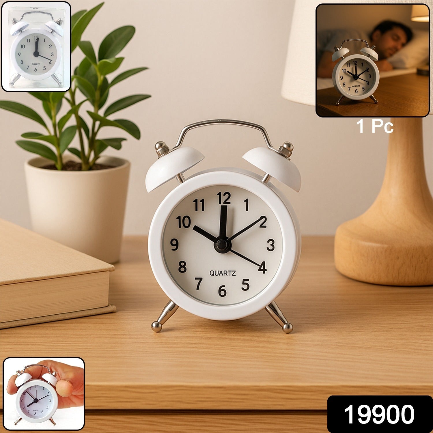 Wukusy small twin-bell analog alarm clock with white face and black hands, compact design suitable for bedroom or bedside table.