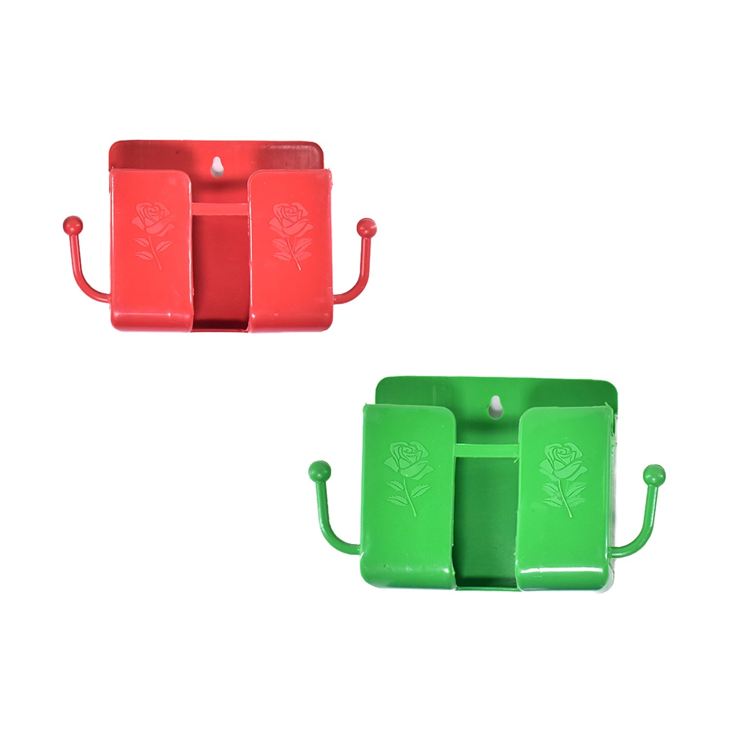 Wukusy 6201a wall-mounted storage box for remote and mobile accessories with two side hanging hooks, mounted on a wall.