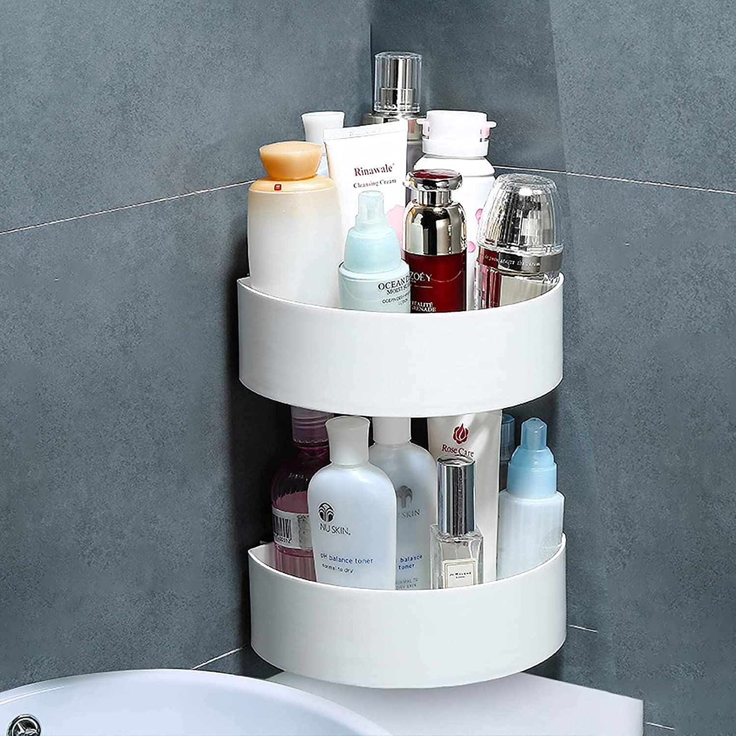 Wukusy 4033 corner shelf and shower caddy with plastic triangle wall mount, self-adhesive bathroom and kitchen storage basket