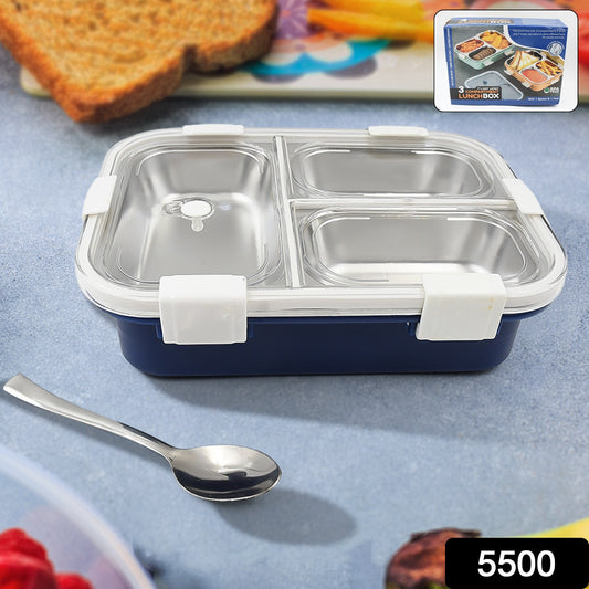 Wukusy 5500 stainless steel lunch box with 3 compartments, transparent lid, ideal for kids, school, office, and home use.