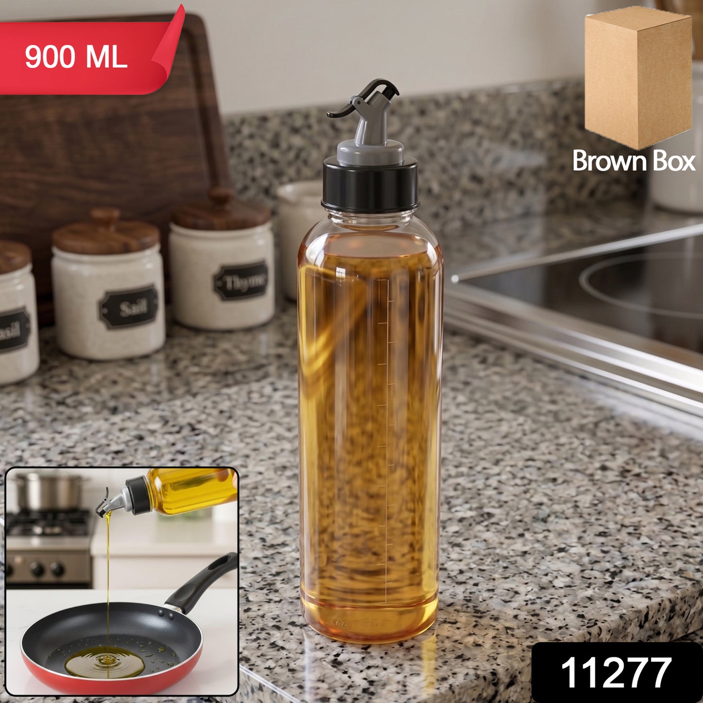 Wukusy 900ml multipurpose oil dispenser bottle with flip top pour spout, clear plastic container for kitchen use.