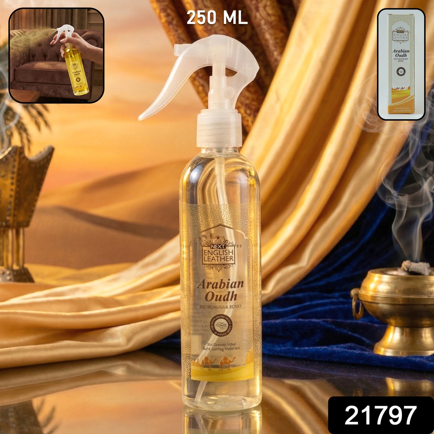 Wukusy Arabian Oudh air freshener spray for home and office, 250ml, with a sleek bottle and elegant design.