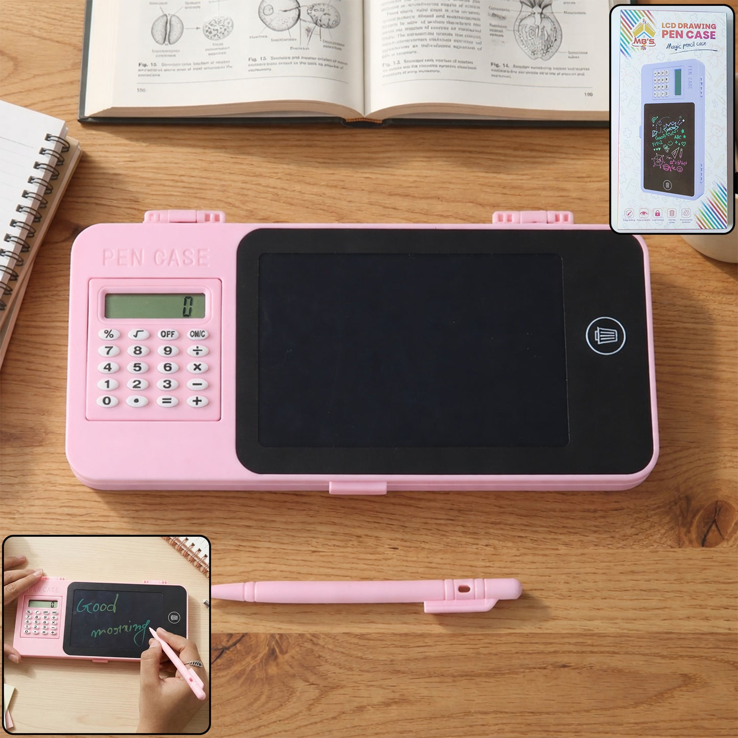 Wukusy LCD writing tablet with pencil case and built-in calculator, featuring a sleek design and digital display.