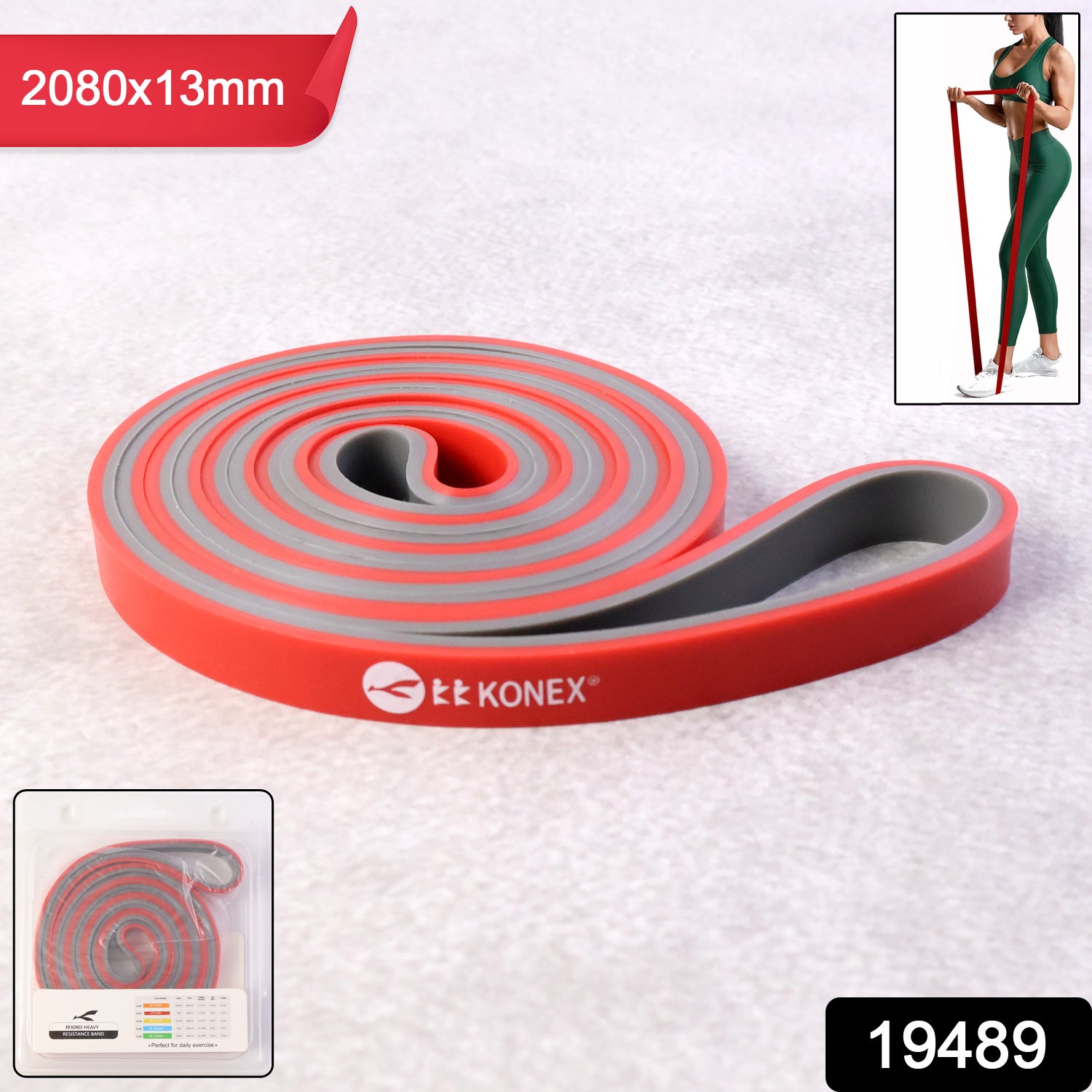 Wukusy heavy-duty resistance exercise band stretched for strength training, showing durable elastic material in bright color