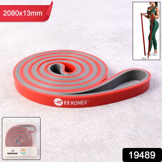 Wukusy heavy-duty resistance exercise band stretched for strength training, showing durable elastic material in bright color