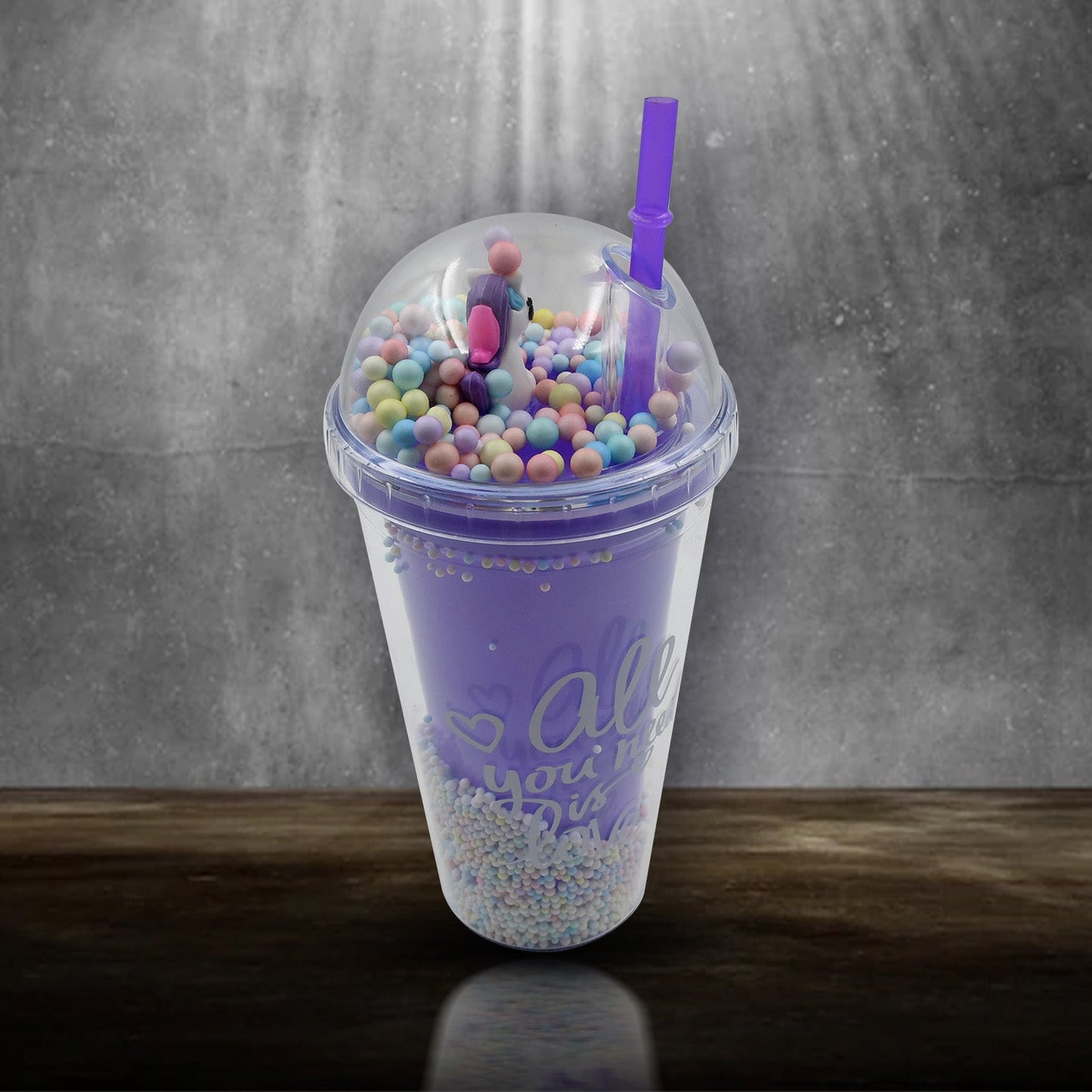 Wukusy 6883a printed sipper bottle with LED glow light, double wall glass, straw, suitable for kids and girls, colorful design.