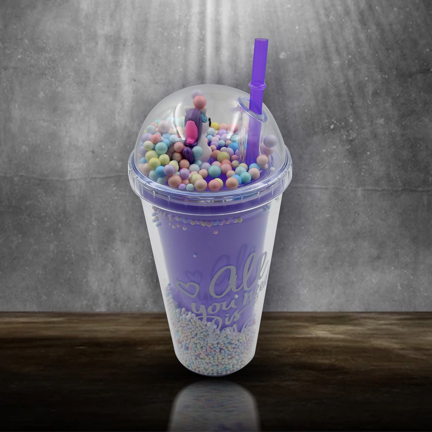 Wukusy 6883a printed sipper bottle with LED glow light, double wall glass, straw, suitable for kids and girls, colorful design.
