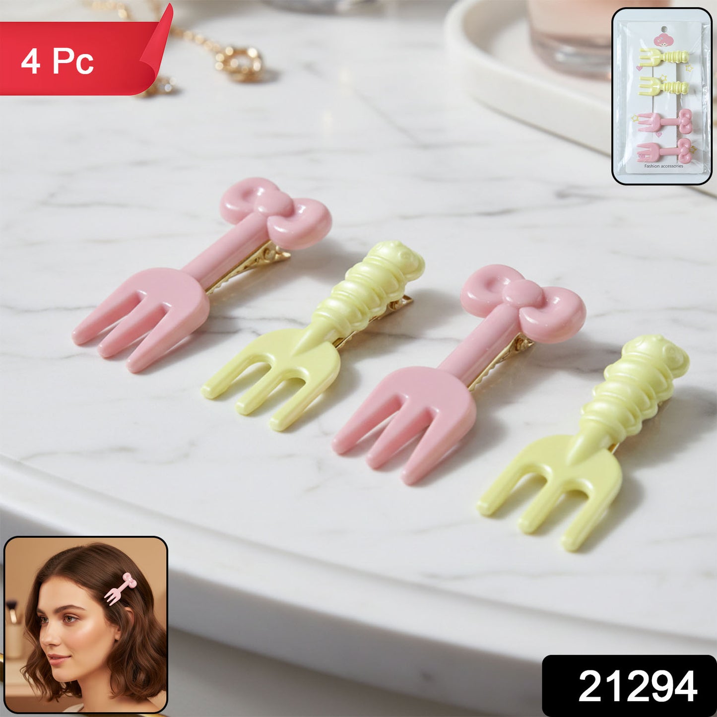 Set of four cute mini fork-shaped hair clips for girls and women by Wukusy, featuring playful and stylish hair accessories.